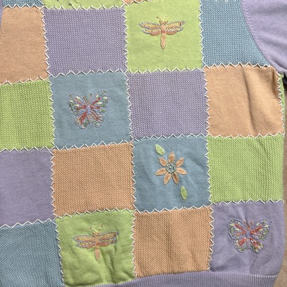 Vintage 90s Alfred Dunner Patchwork Beaded Butterfly Short Sleeve Sweater Pastel - Picture 2 of 7